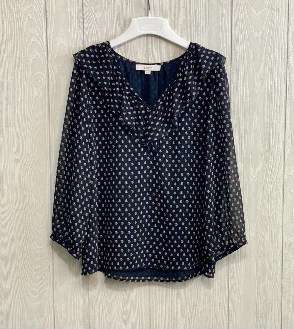 LOFT Floral Black V-Neck Ruffle Long Sleeve Top Medium